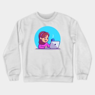 Cute Girl Working On Laptop With Cup Coffee Crewneck Sweatshirt